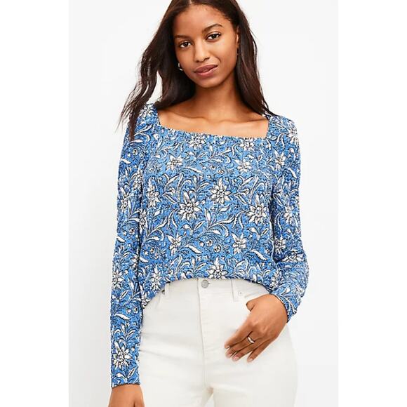 LOFT Womens Blue White Floral Print Smocked Square Neck Top Size S Peasant Boho - Picture 3 of 9